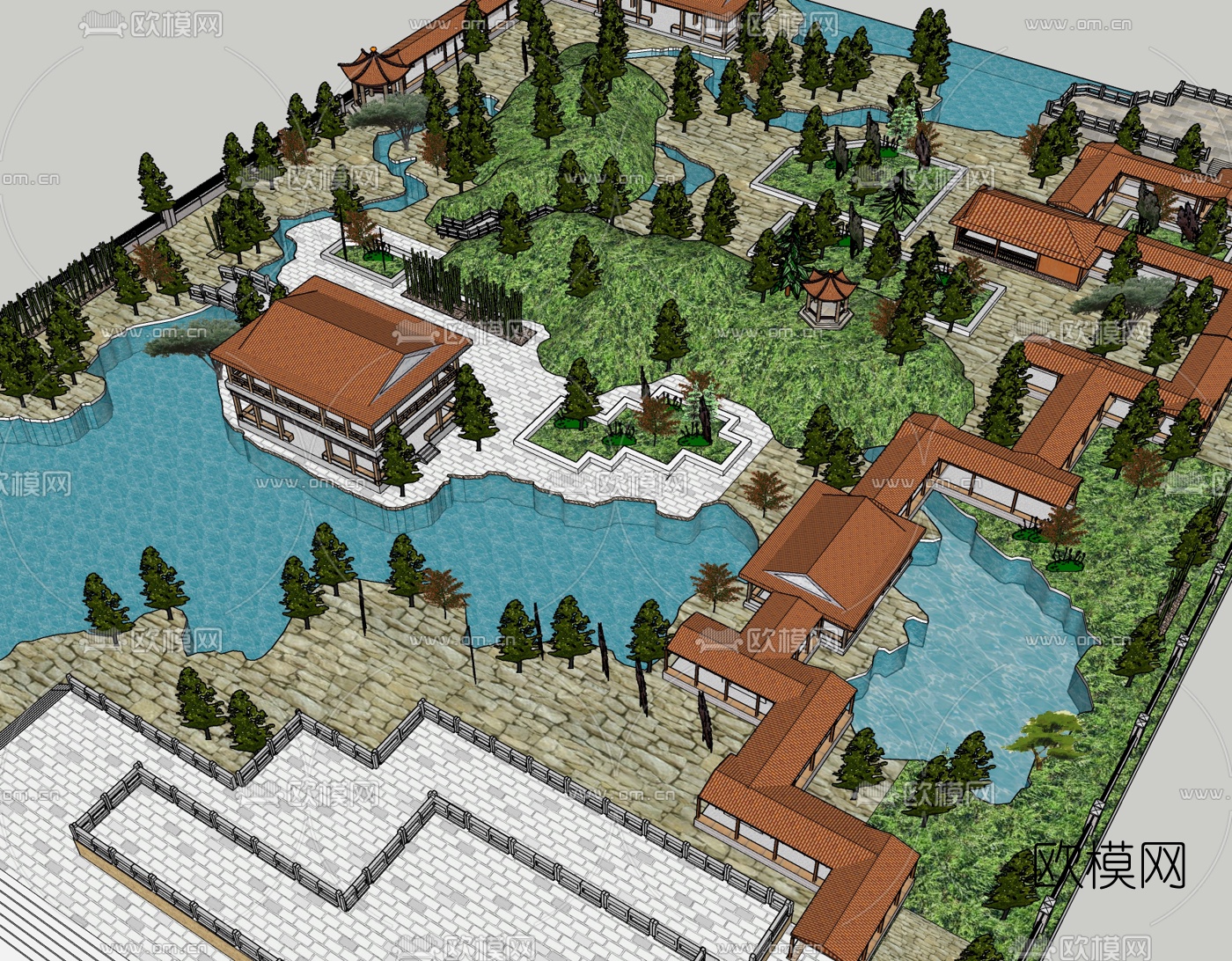 中式公园景观免费su模型下载