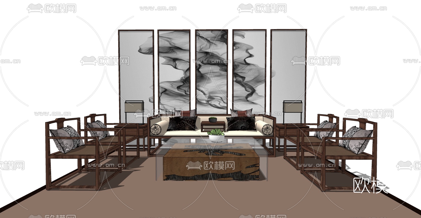 新中式组合沙发su模型下载