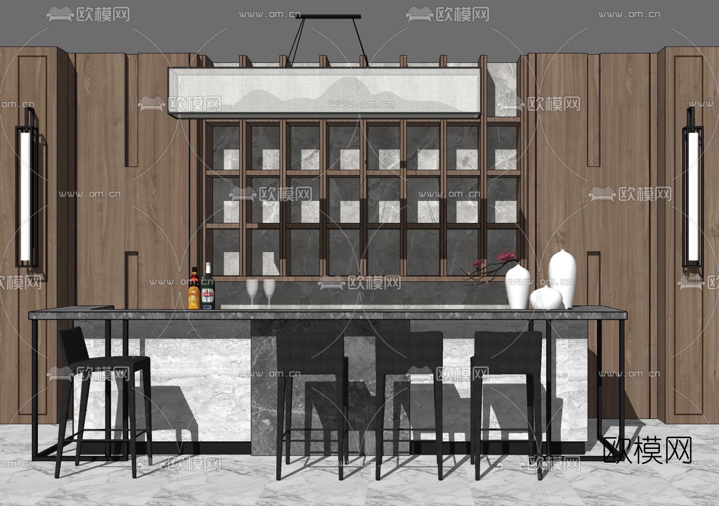 新中式吧台su模型下载