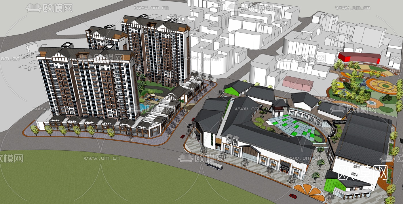 新中式小区规划免费su模型下载（渲染图2）
