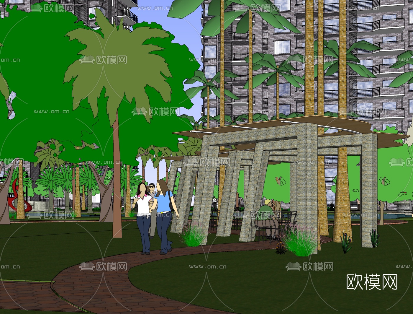 现代小区景观免费su模型下载（渲染图1）