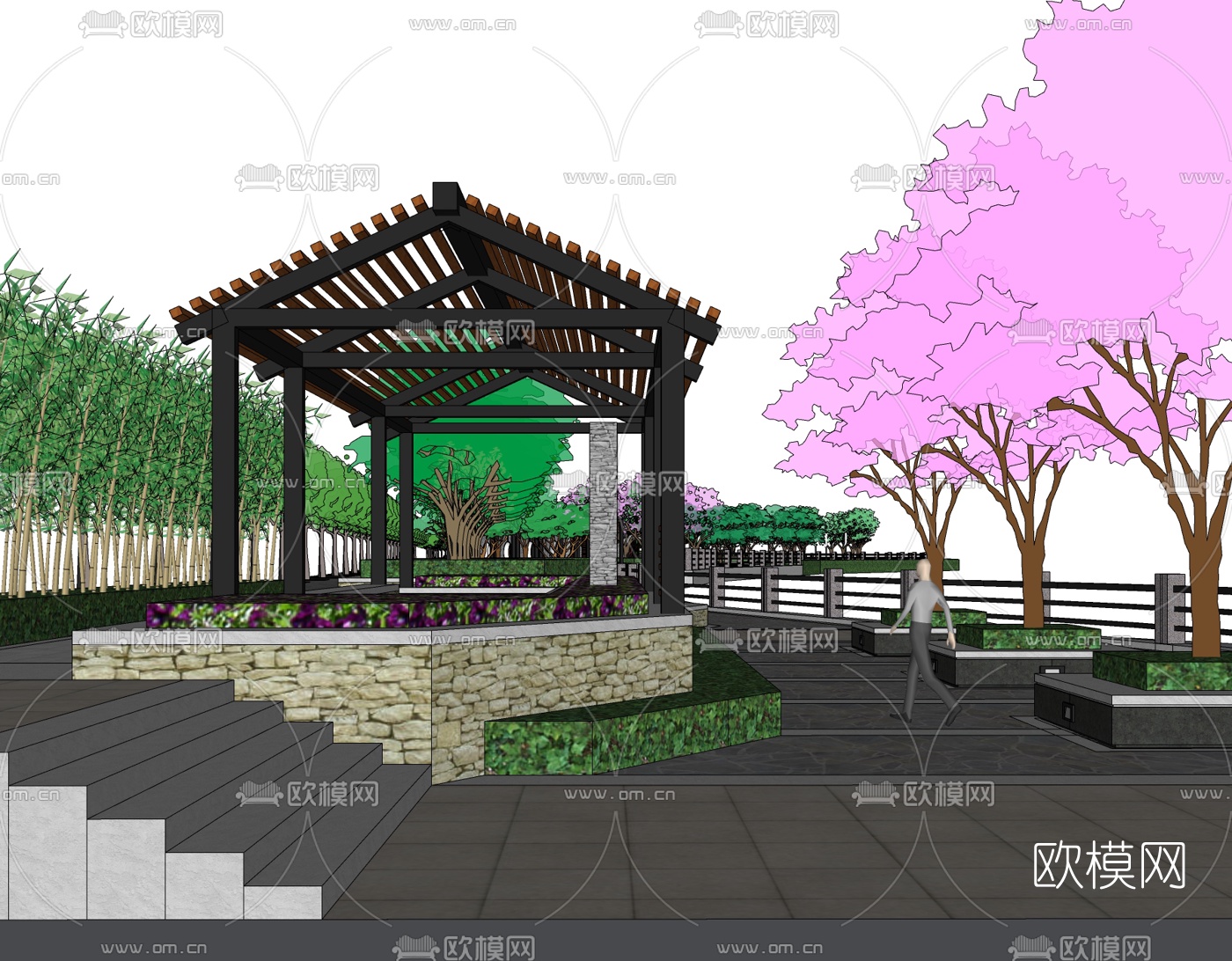 中式沿河街道景观设计免费su模型下载（渲染图2）