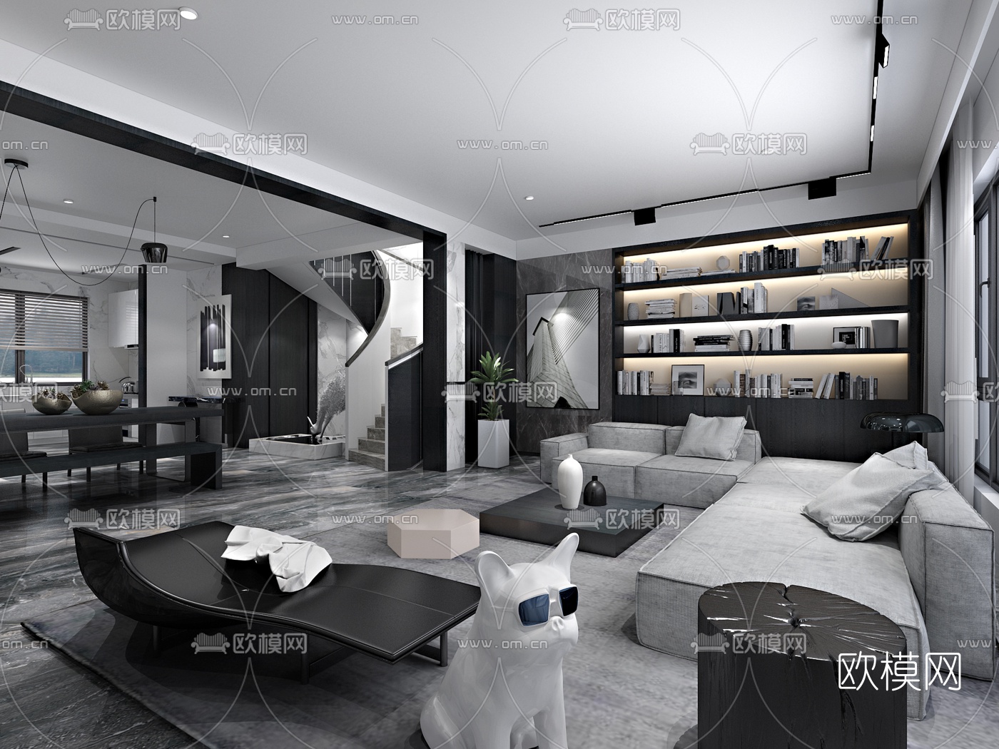 现代高级灰客厅餐厅3d模型下载（渲染图2）