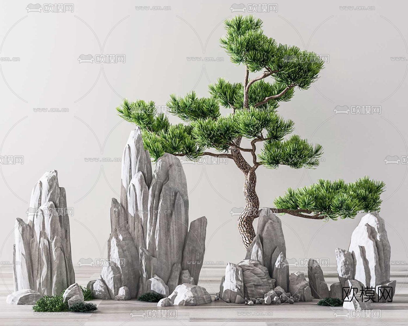 现代假山松树石头园艺小品3d模型下载