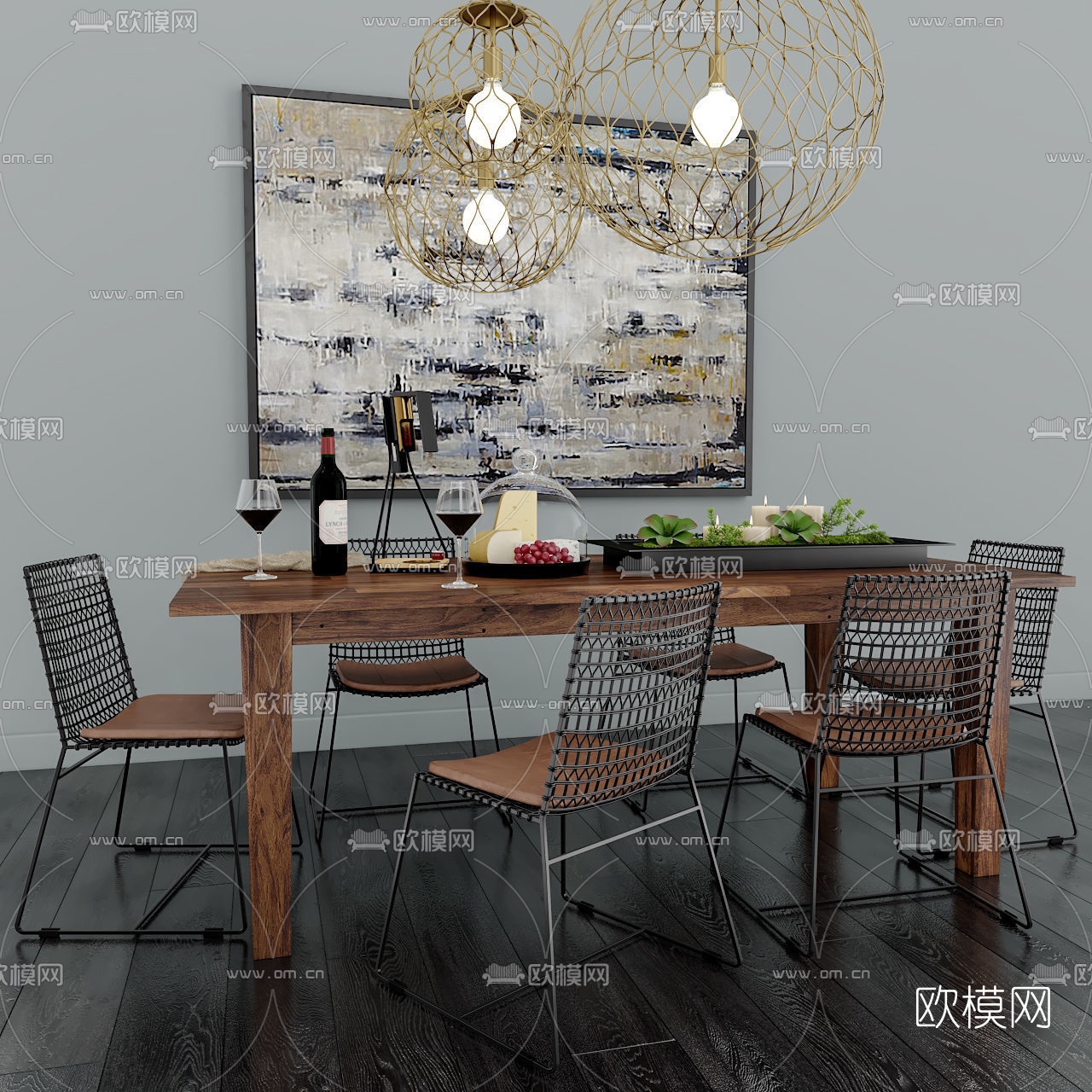 后现代长形餐桌椅3d模型