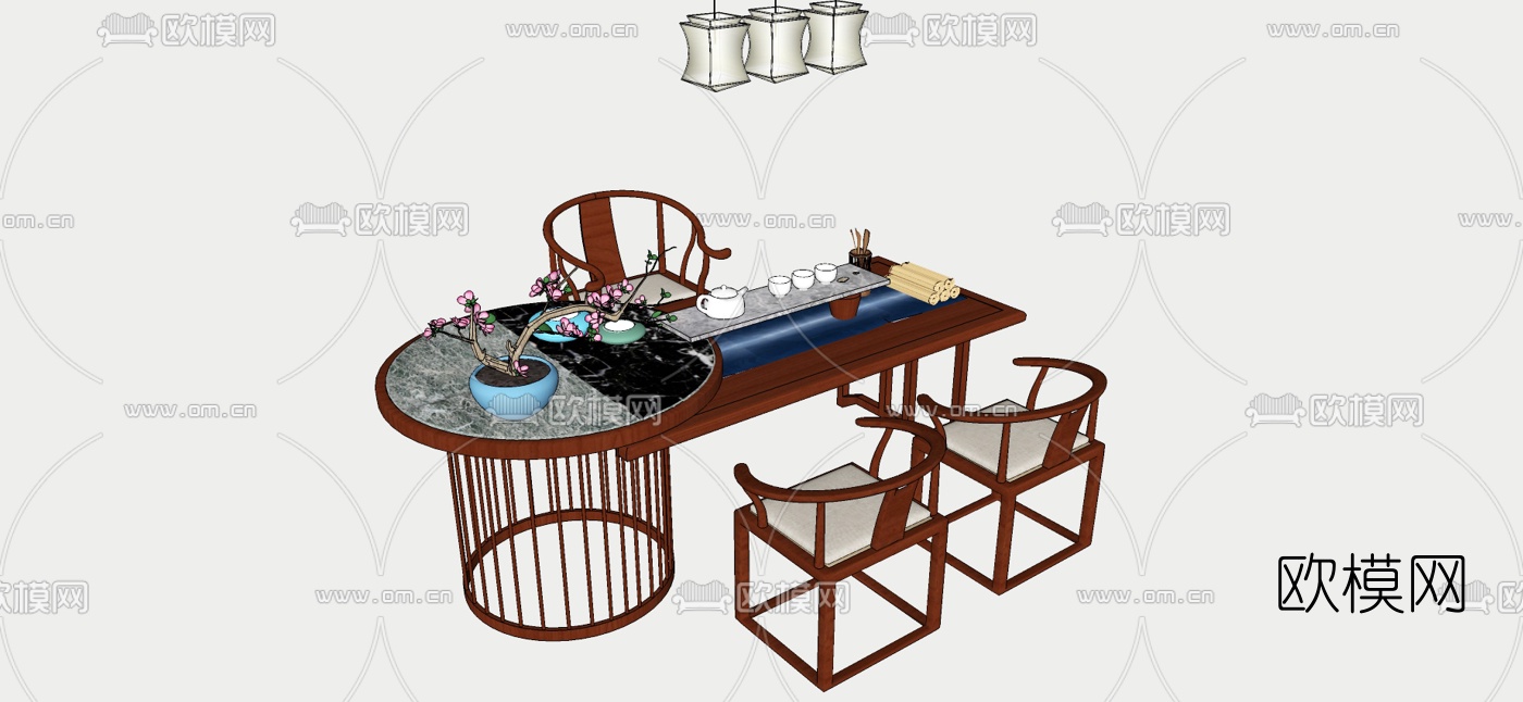 新中式茶桌椅su模型下载（渲染图2）