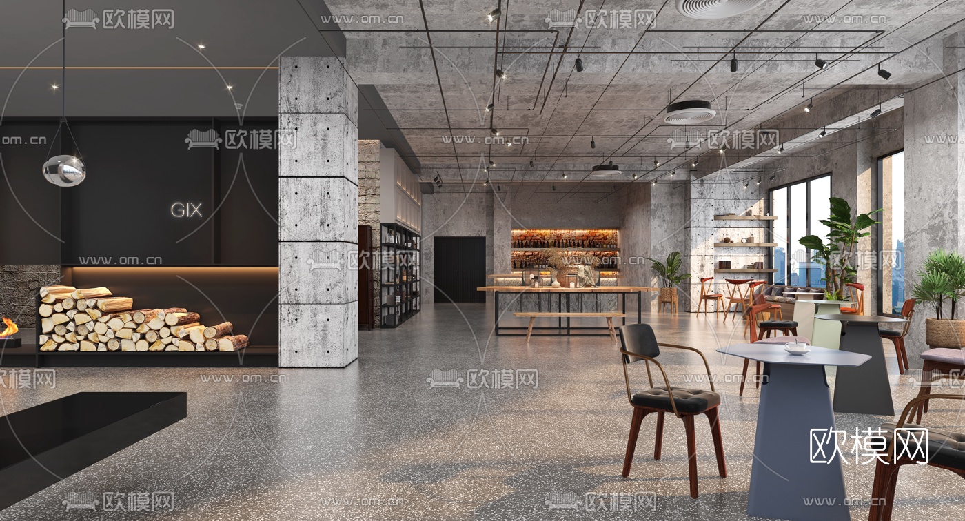 工业风酒店大堂吧3d模型下载（渲染图1）