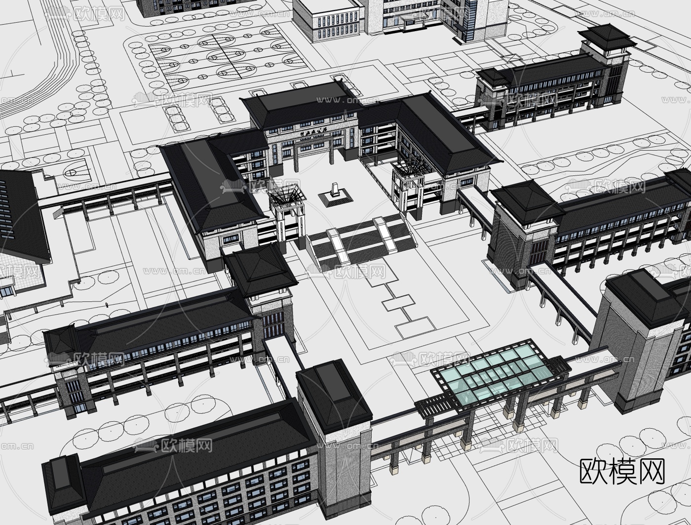 新中式教学楼免费su模型下载