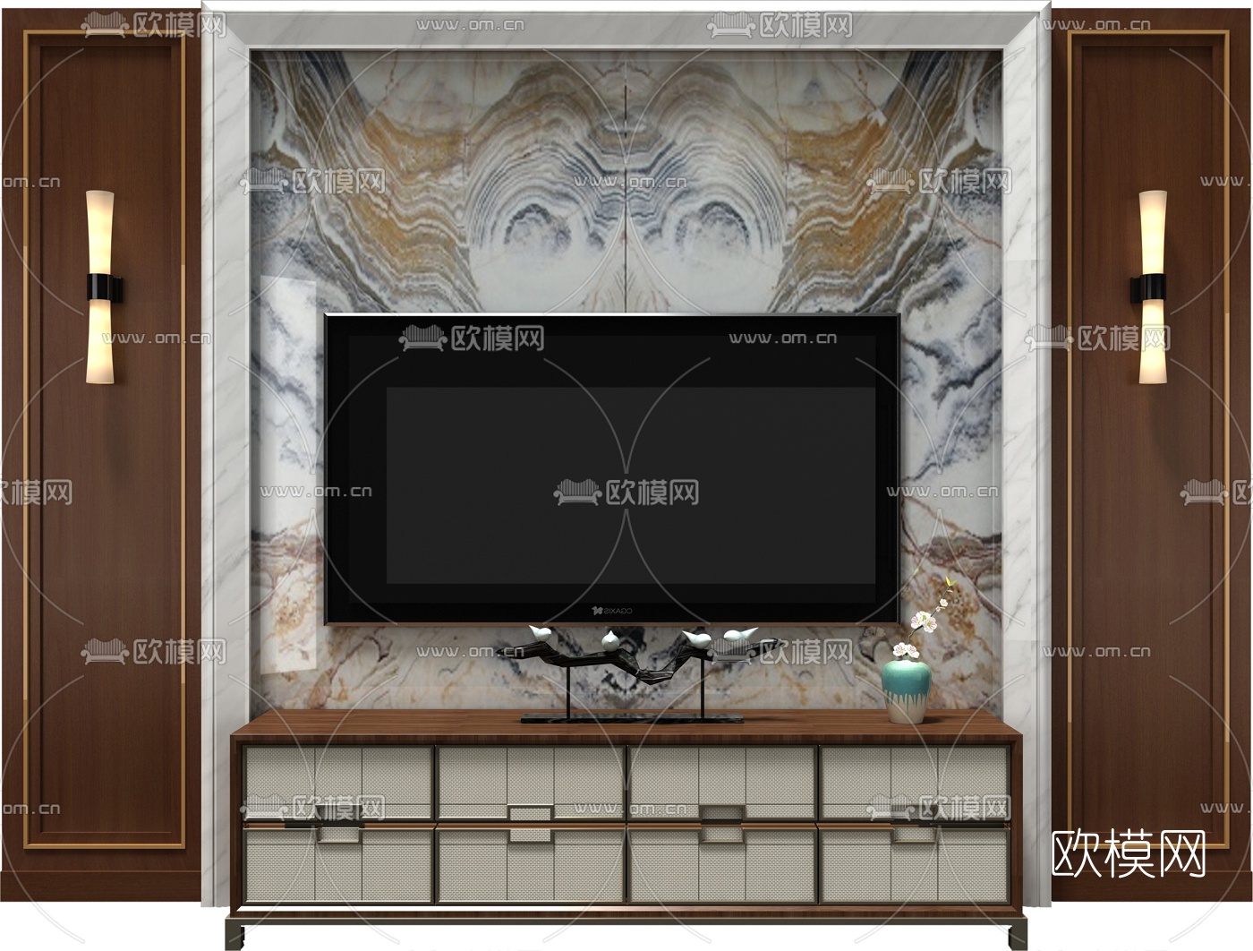 新中式电视背景墙3d模型