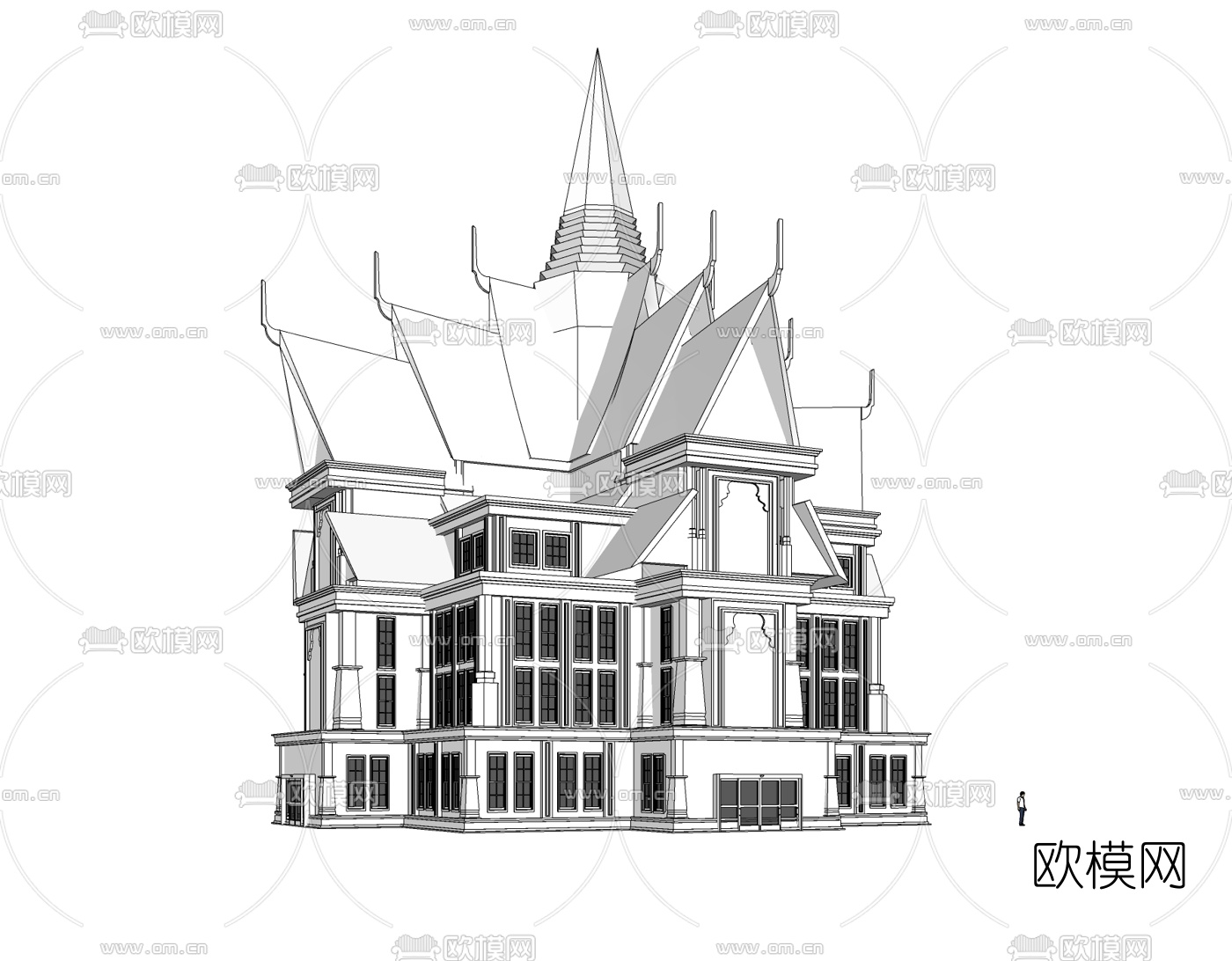 东南亚建筑白模免费su模型下载