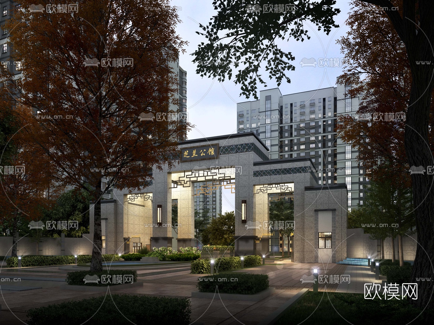 新中式小区入口大门3d模型下载