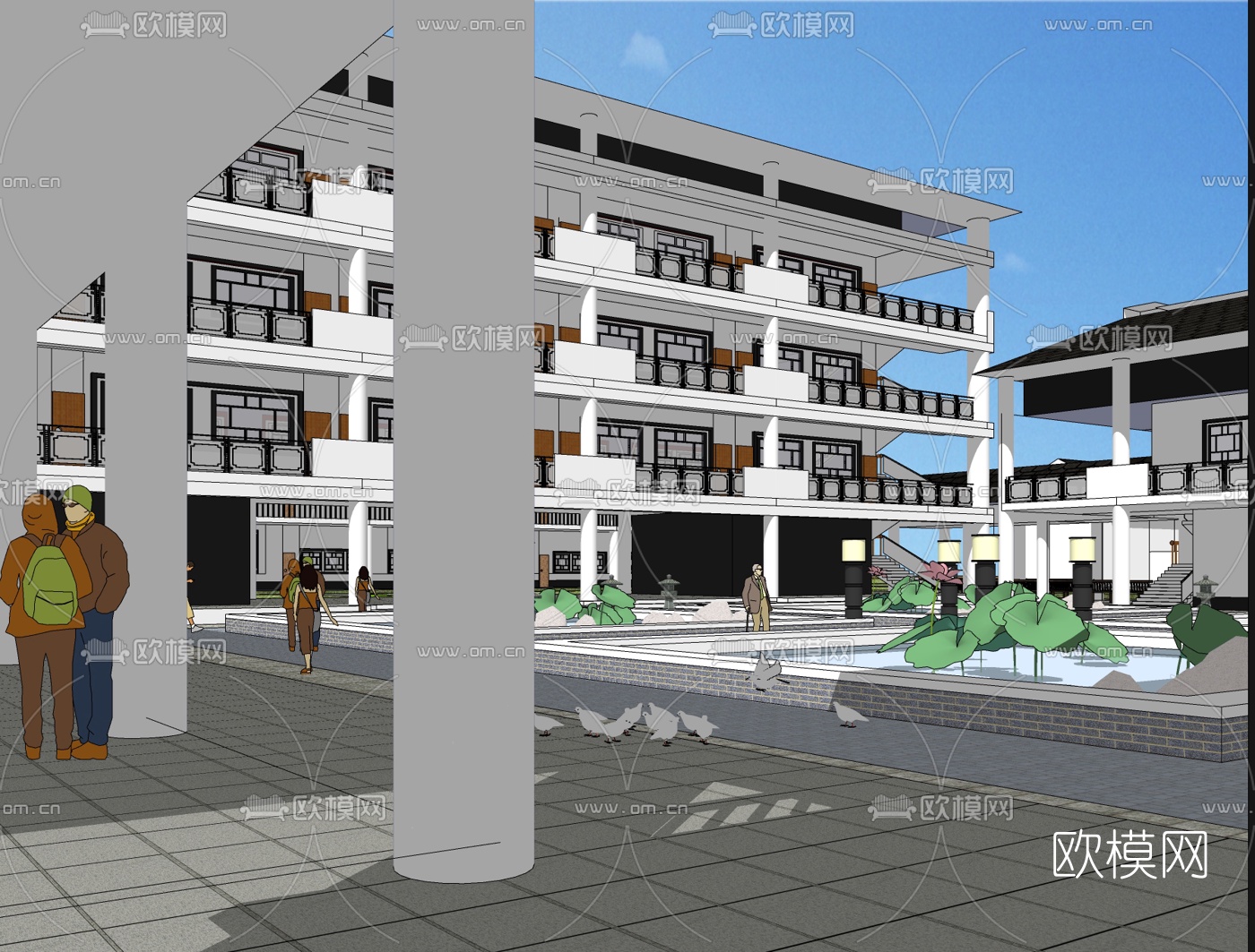 新中式教学楼免费su模型下载