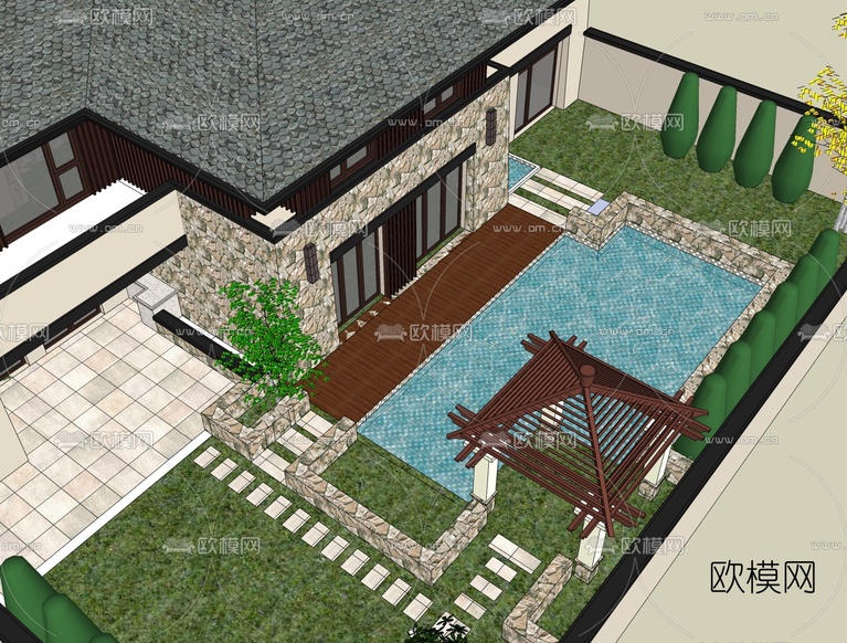 新中式庭院免费su模型下载_ID10061930_sketchup模型下载-欧模网