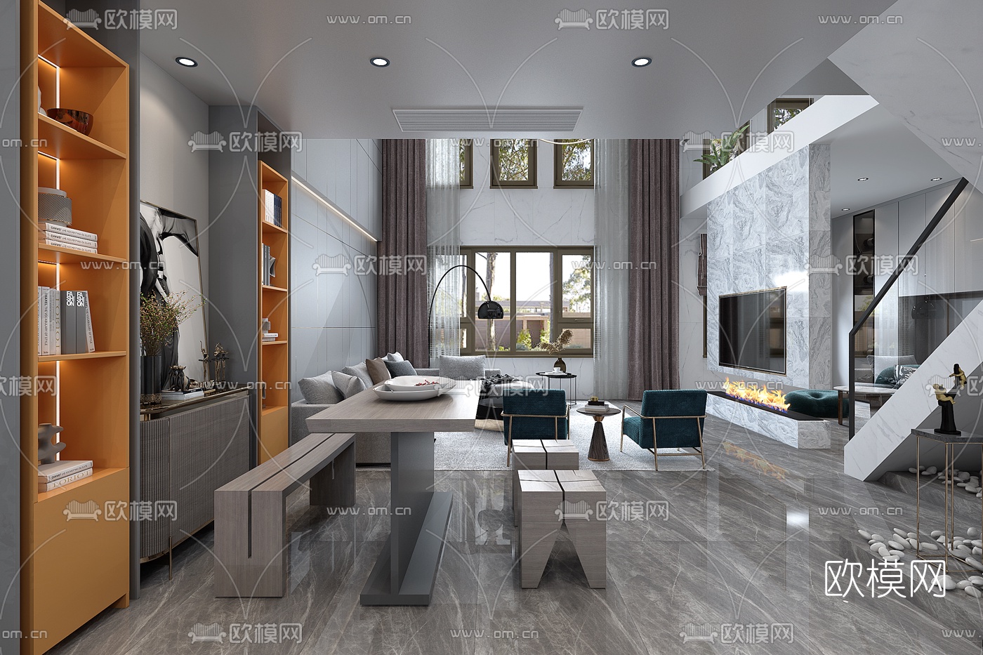 现代别墅客厅餐厅3d模型