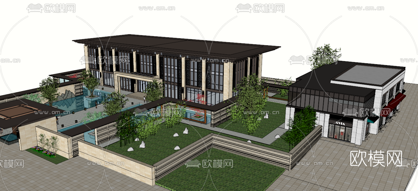 新中式售楼处外观su模型下载（渲染图4）
