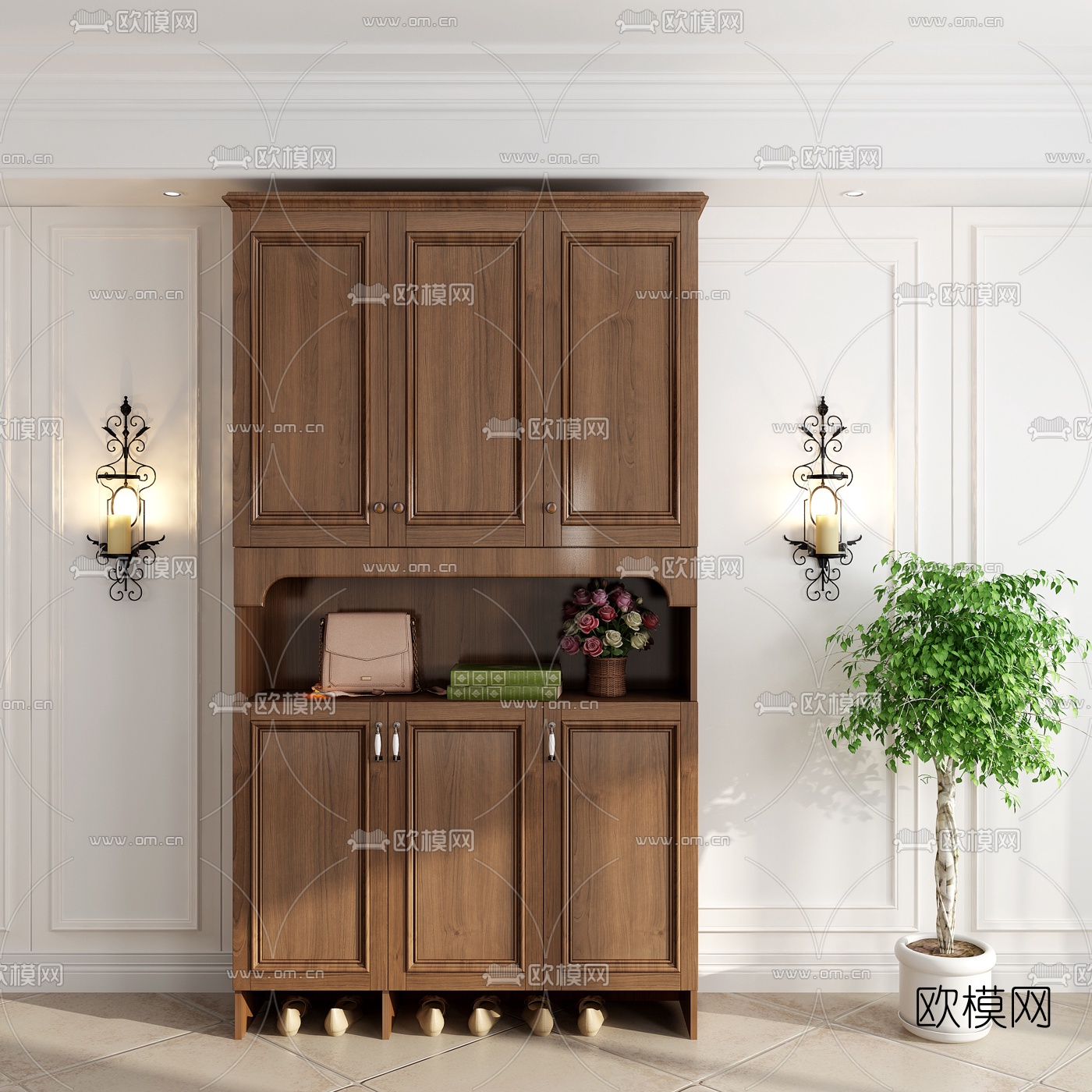 美式实木鞋柜3d模型下载