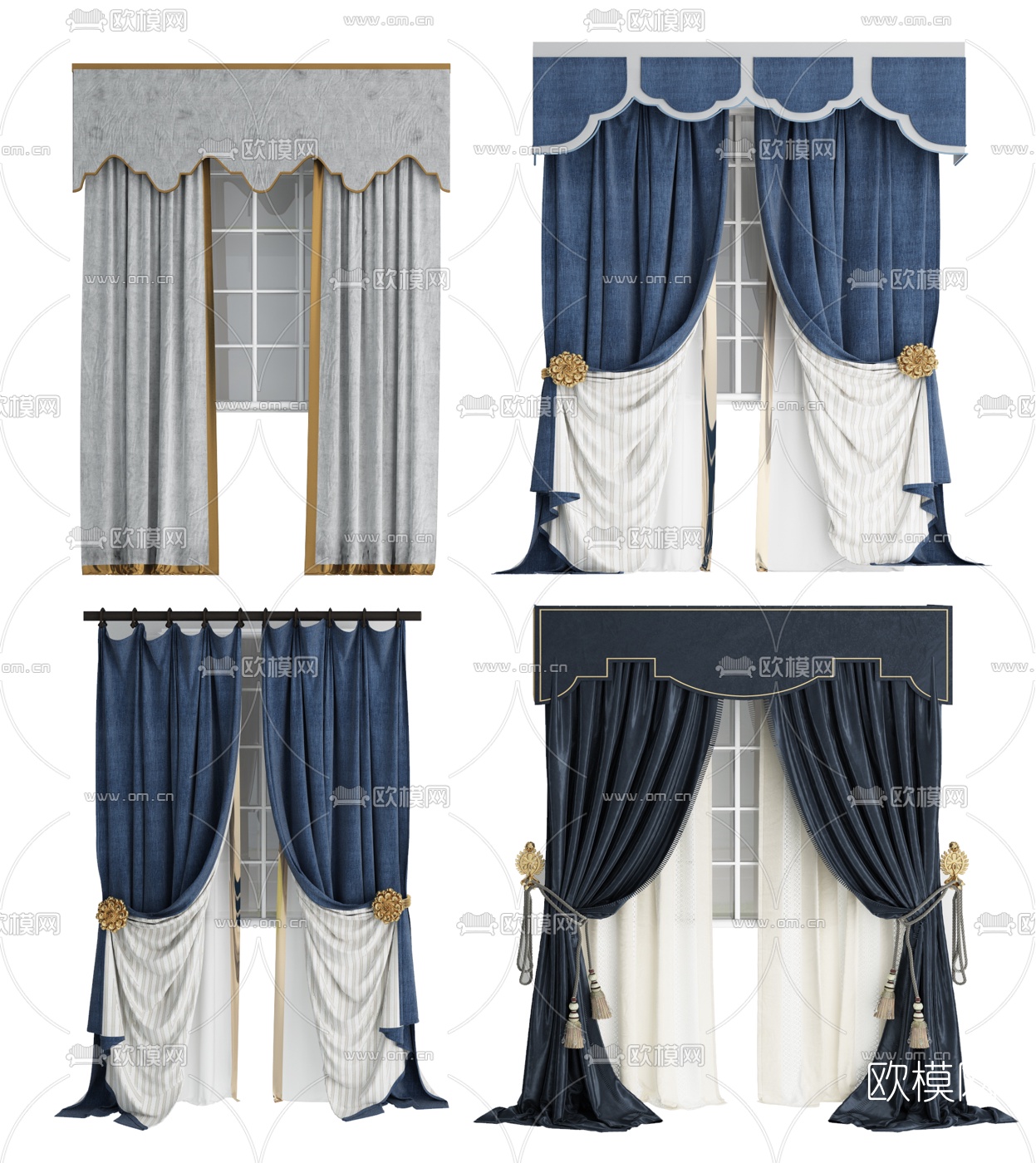 简欧布艺窗帘组合3d模型
