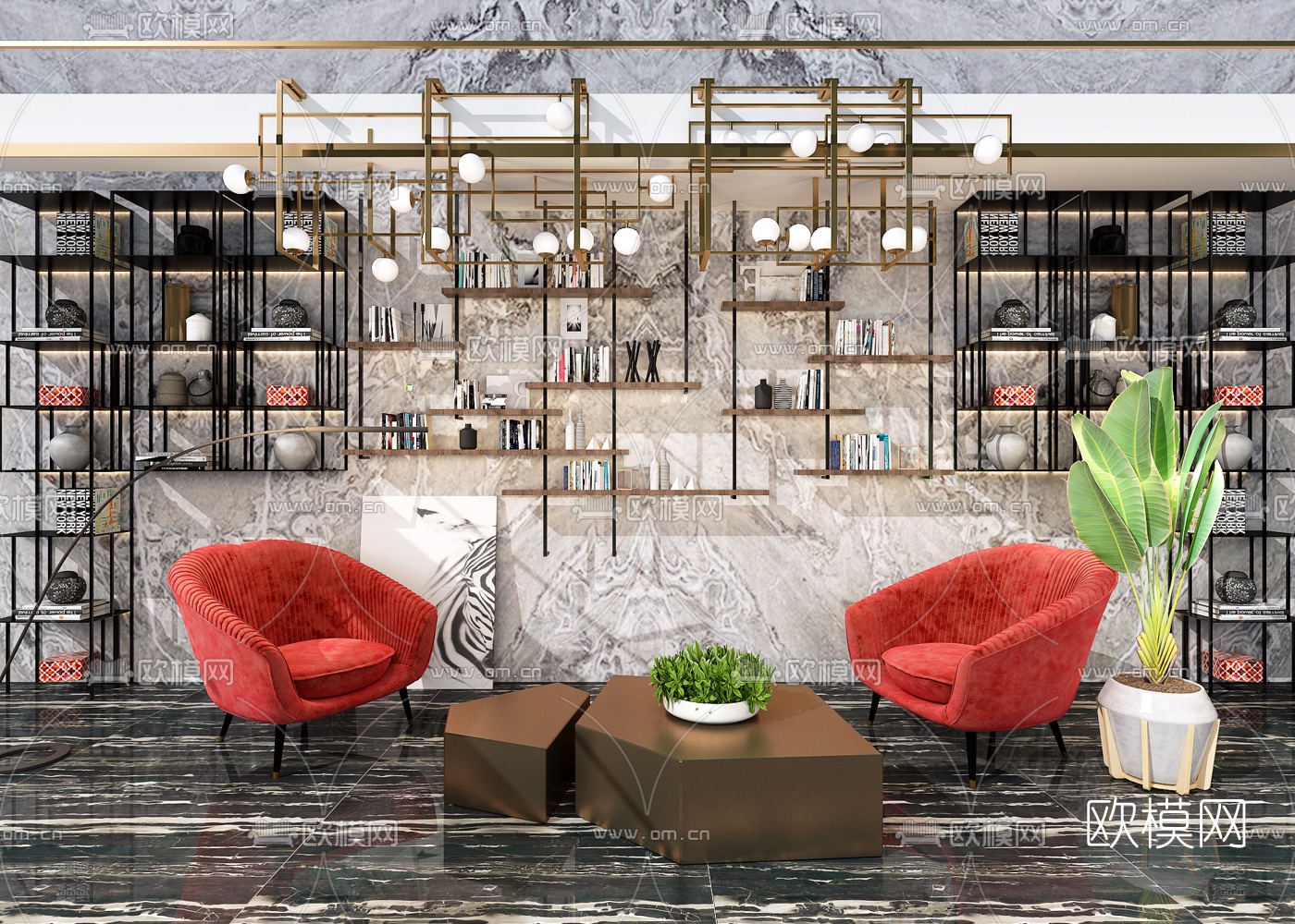 现代轻奢休闲沙发书架3d模型下载