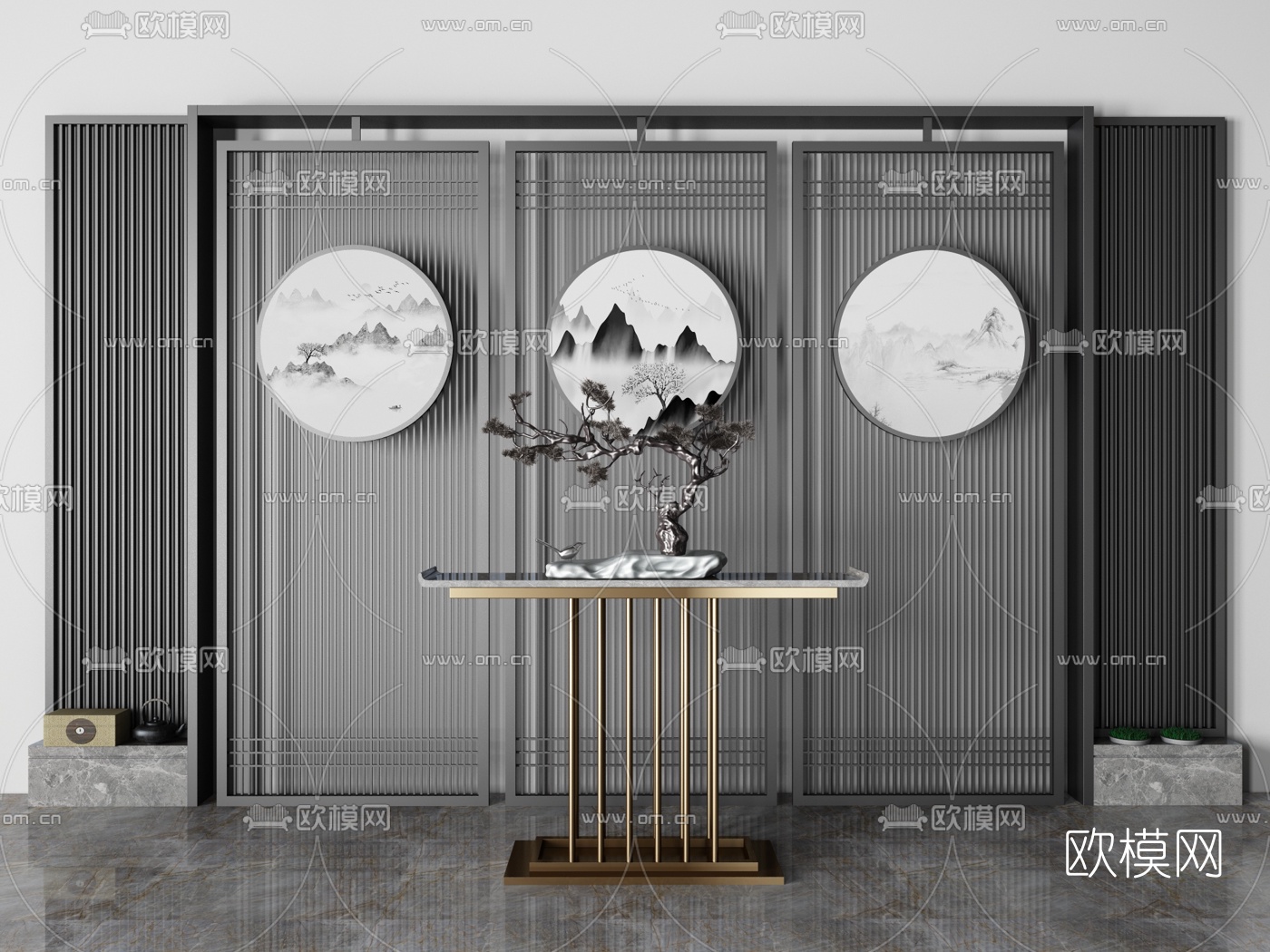 新中式屏风端几花格组合3d模型