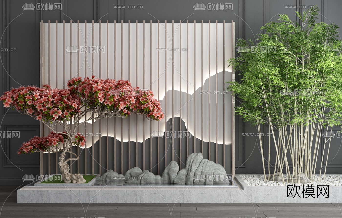 新中式假山植物景观园艺小品3d模型下载