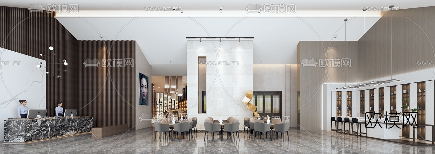 新中式酒店大堂前台大厅3d模型下载