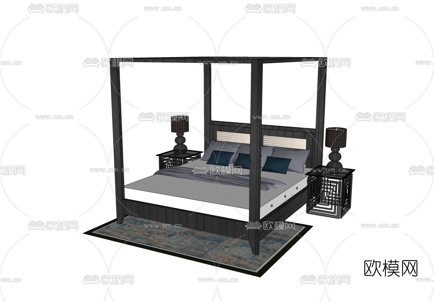 中式双人床免费su模型下载