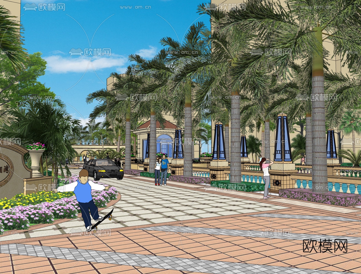 欧式小区景观免费su模型下载（渲染图1）