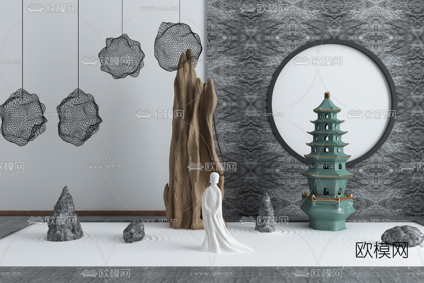 新中式假山塔景观小品3d模型下载