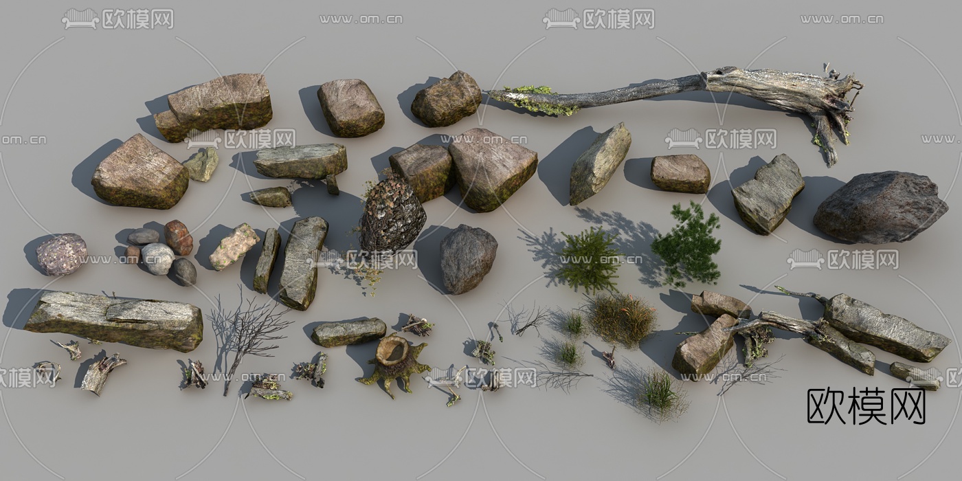 现代石头枯树桩组合3d模型