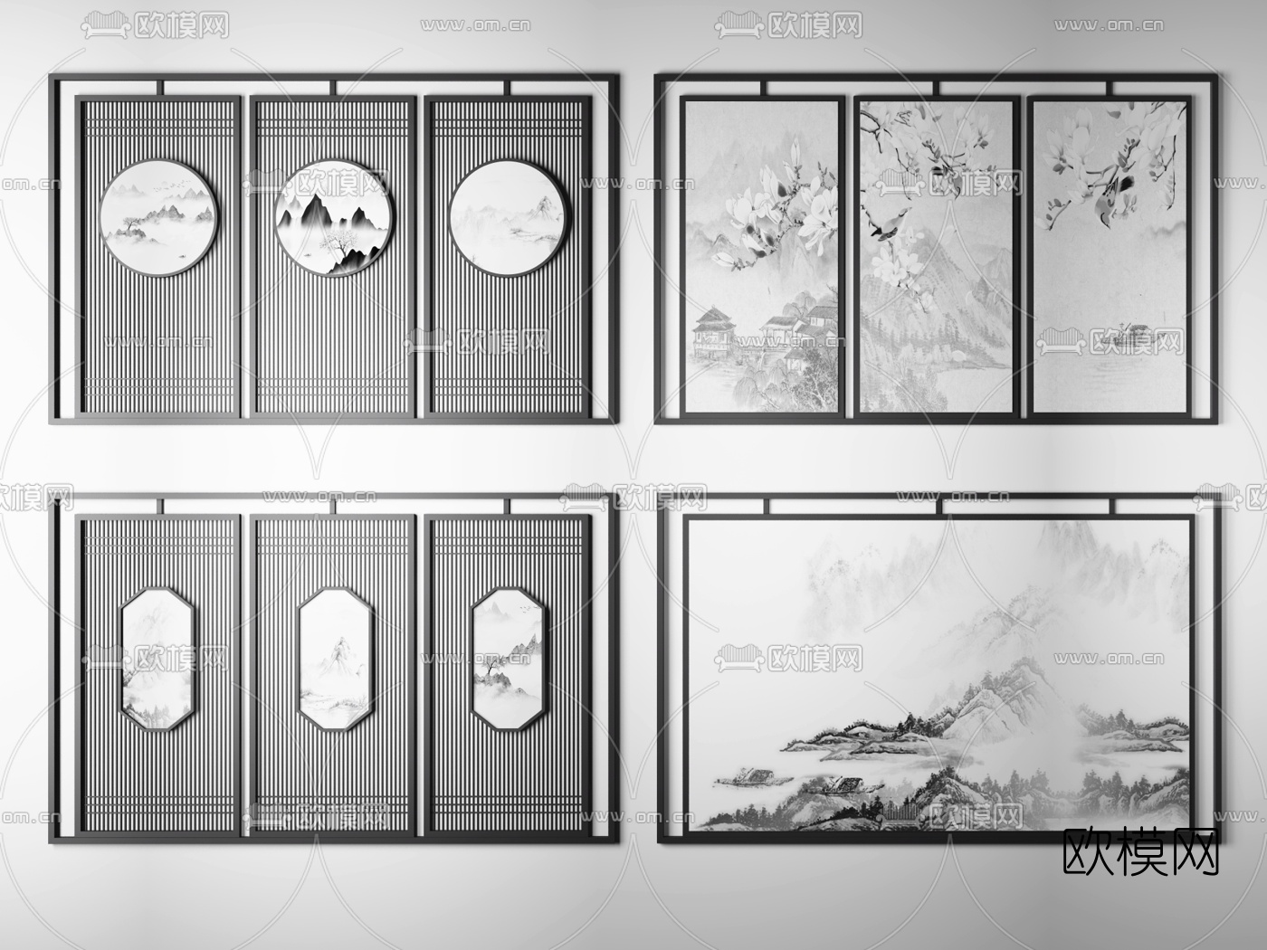 新中式简约屏风花格组合3d模型下载（渲染图1）