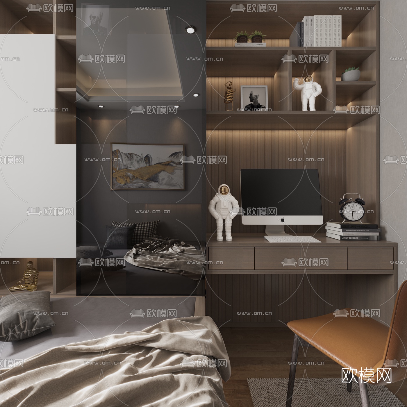 新中式榻榻米卧室3d模型下载（渲染图2）