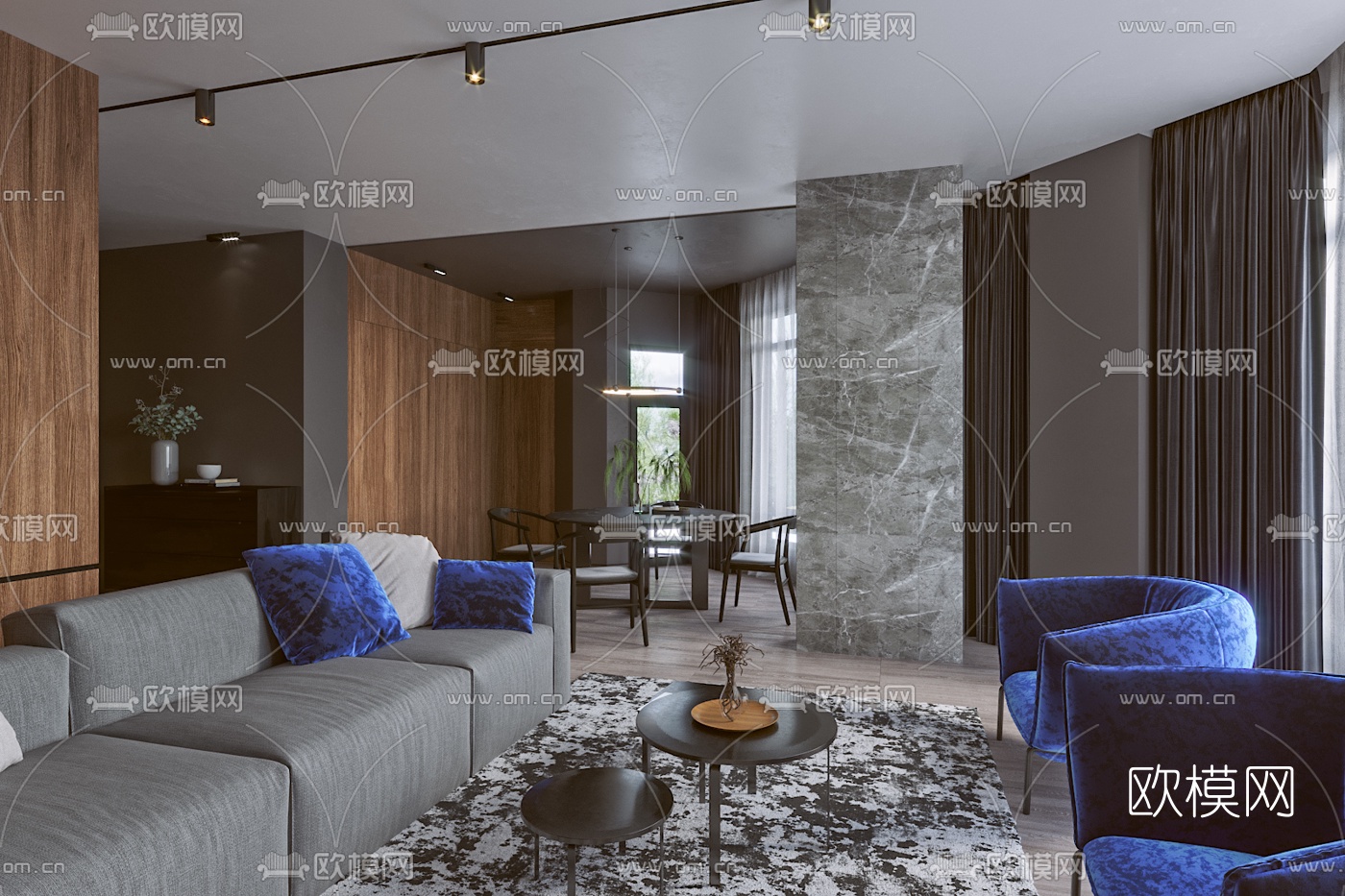 现代高级灰客厅餐厅3d模型下载（渲染图6）
