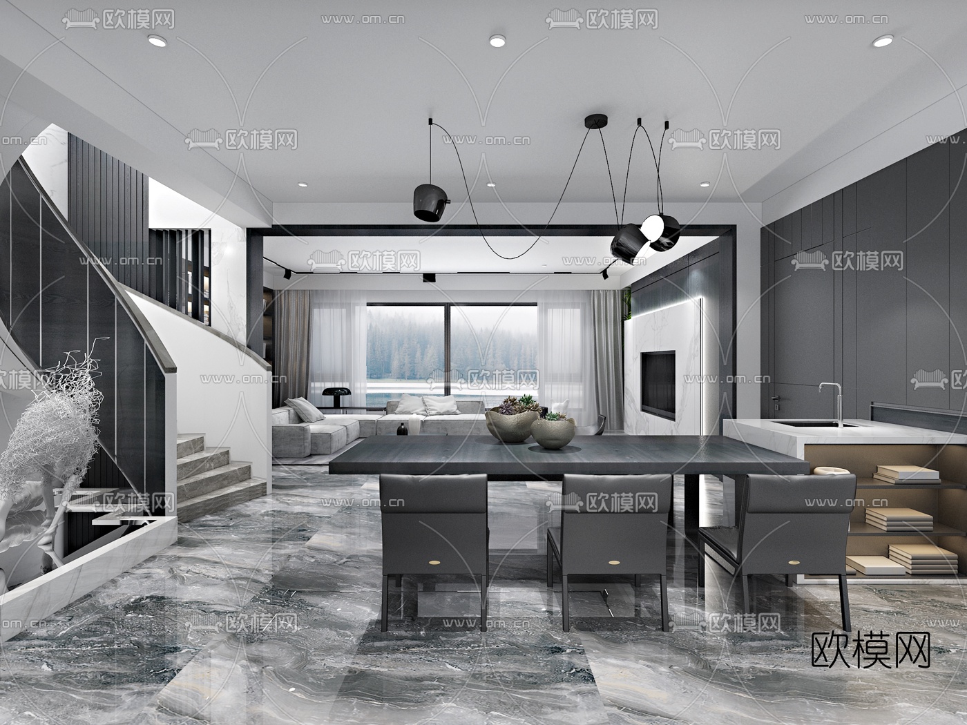 现代高级灰客厅餐厅3d模型下载（渲染图3）