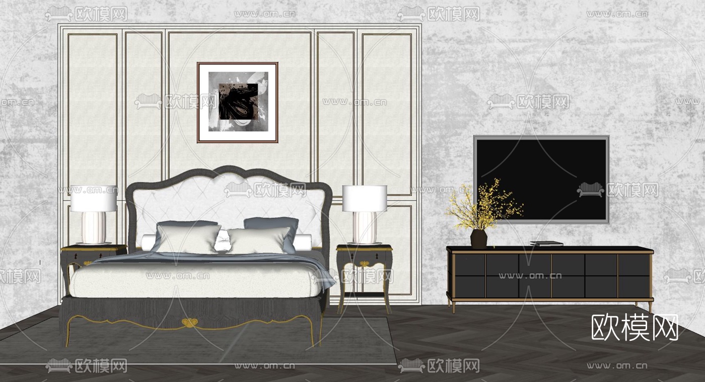 简欧双人床电视柜组合su模型下载