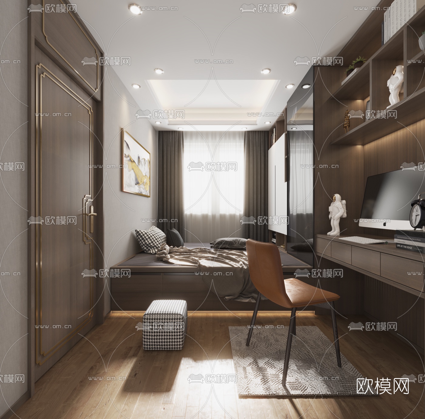 新中式榻榻米卧室3d模型下载（渲染图1）