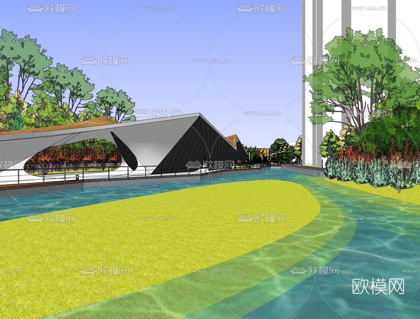 现代小区景观免费su模型下载（渲染图2）