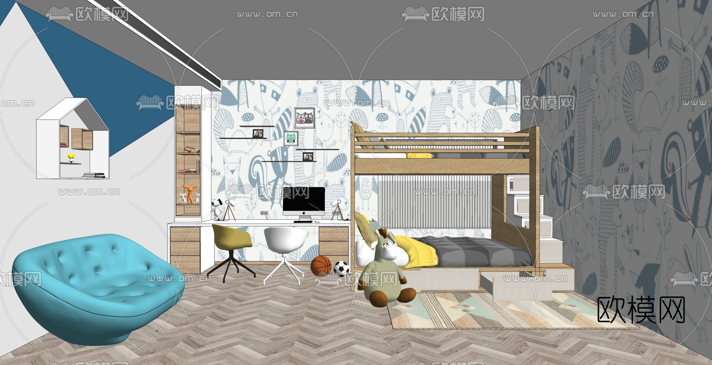 北欧儿童房卧室3D模型下载