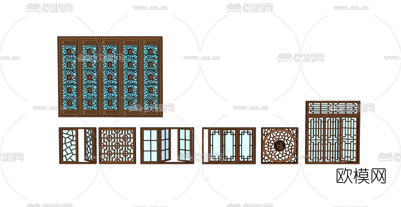 中式雕花窗户su模型下载