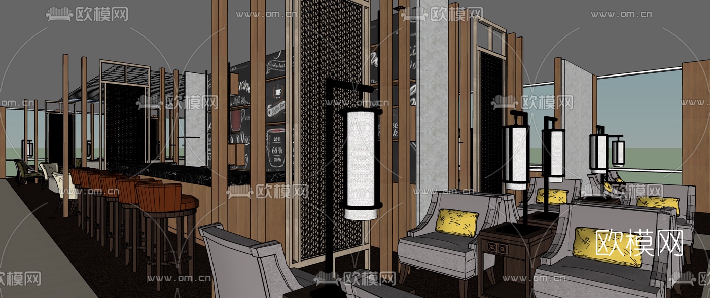新中式酒店大堂吧su模型