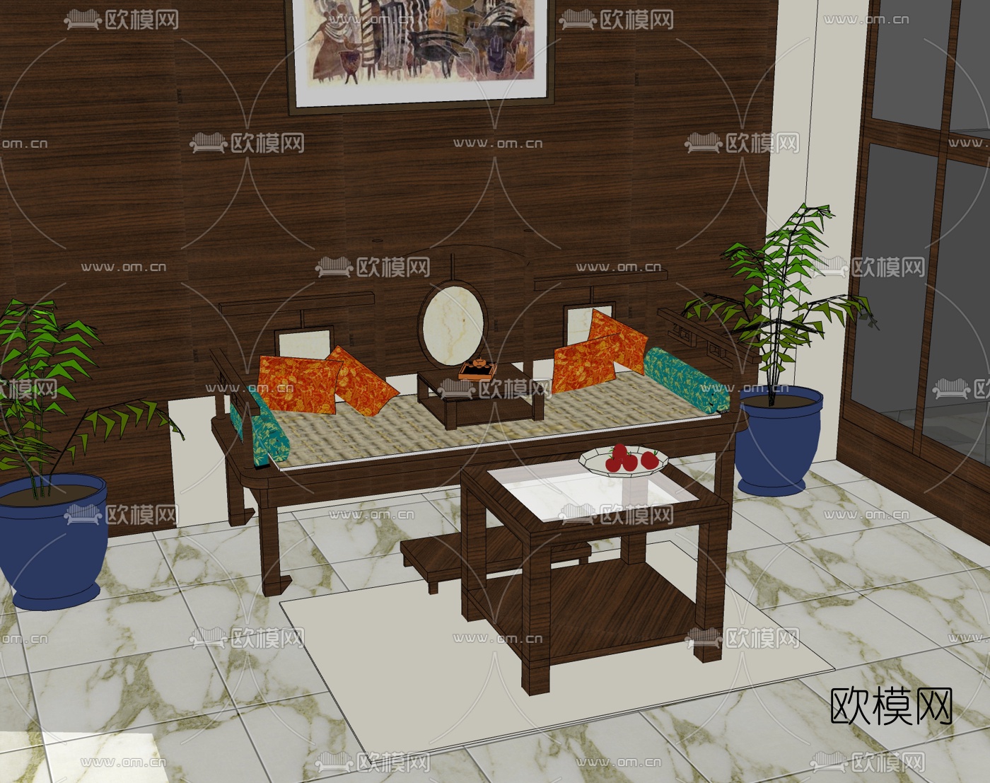 中式罗汉床免费su模型下载