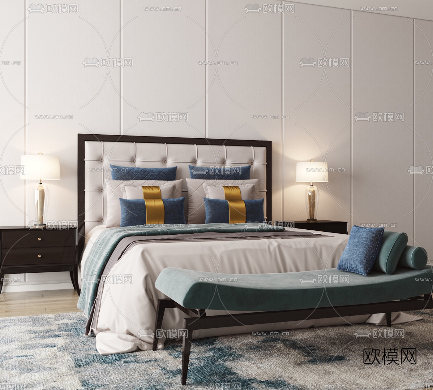 新中式轻奢双人床3d模型下载