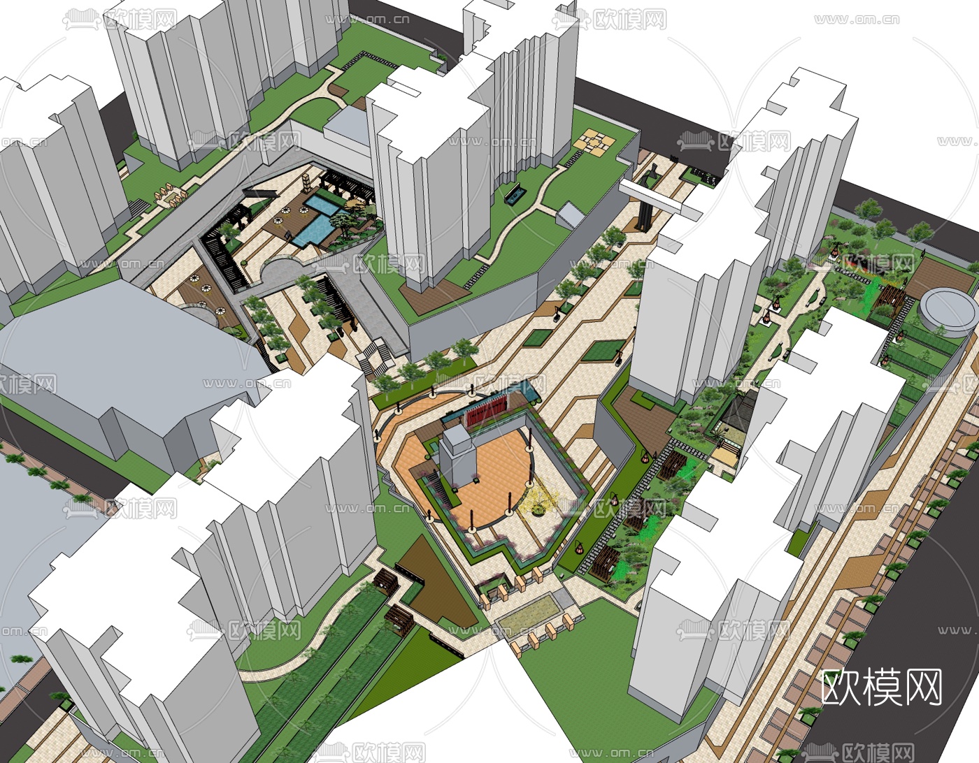 现代小区景观免费su模型下载