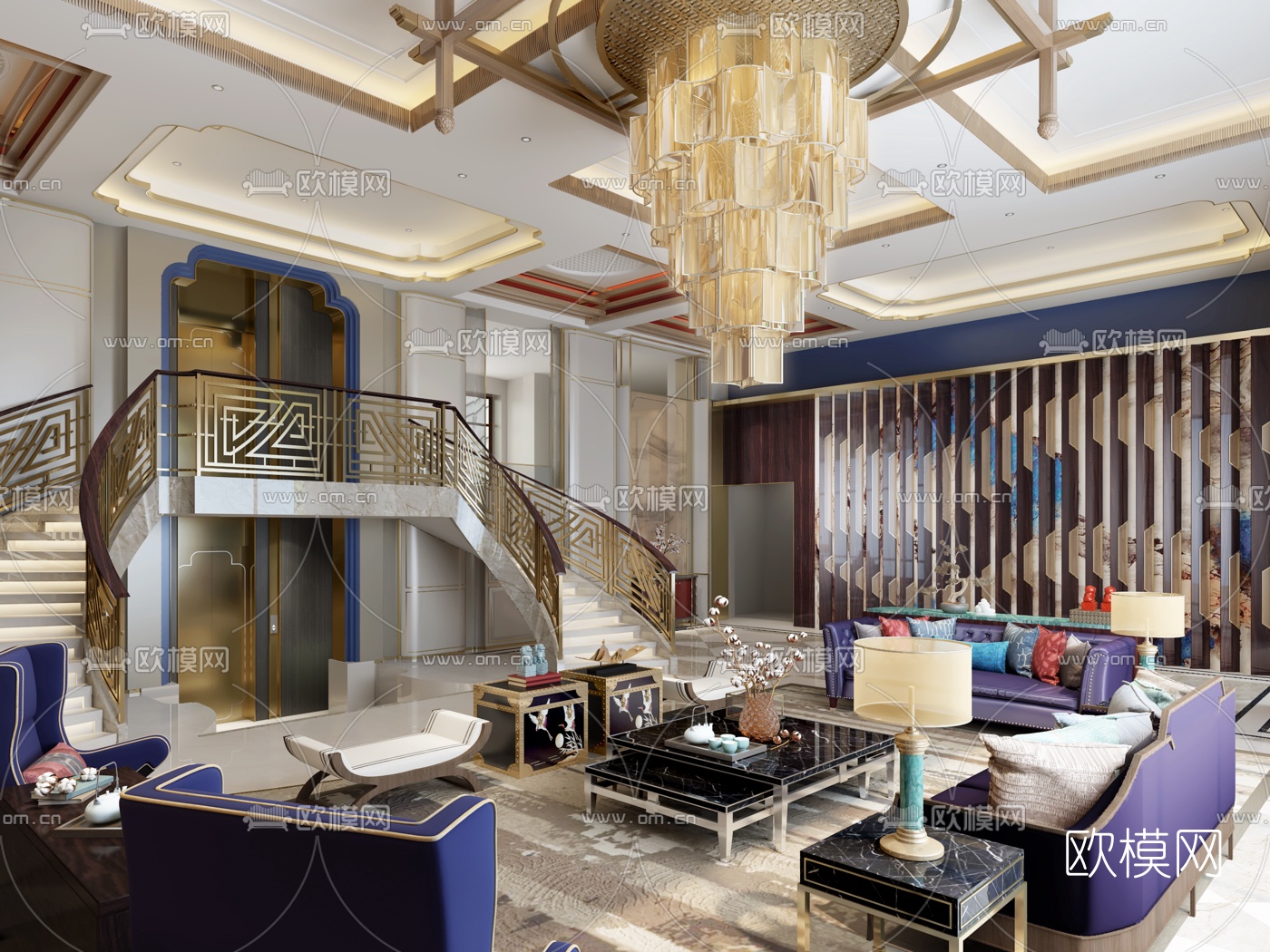 新古典别墅客厅3d模型下载（渲染图2）