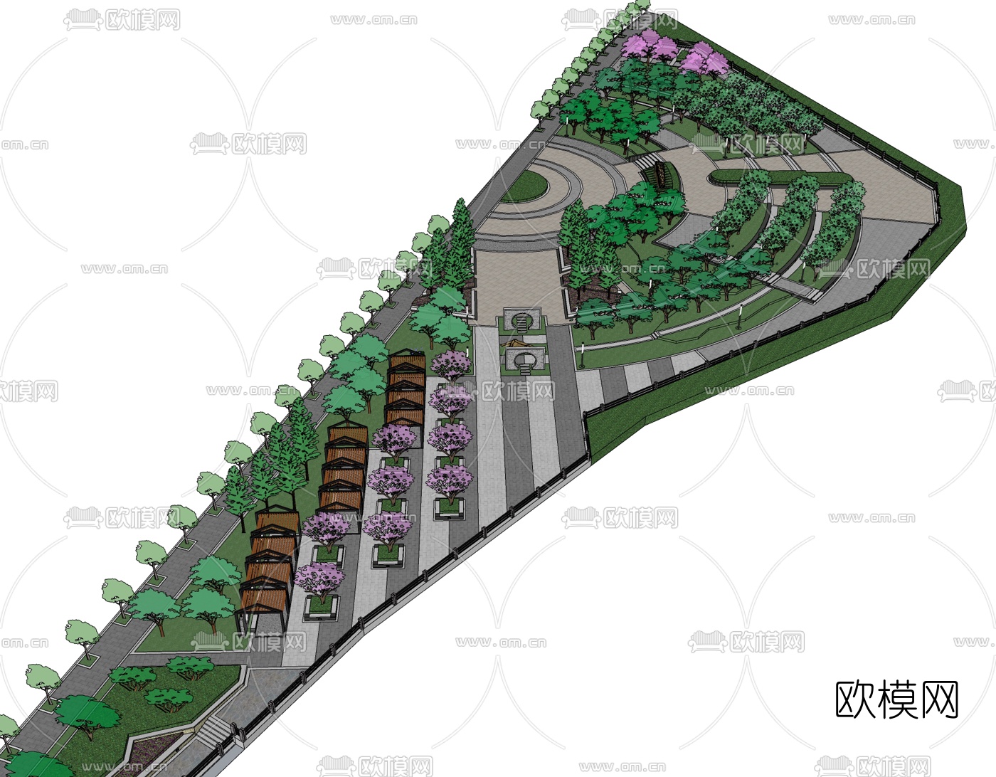 中式沿河街道景观设计免费su模型下载（渲染图3）