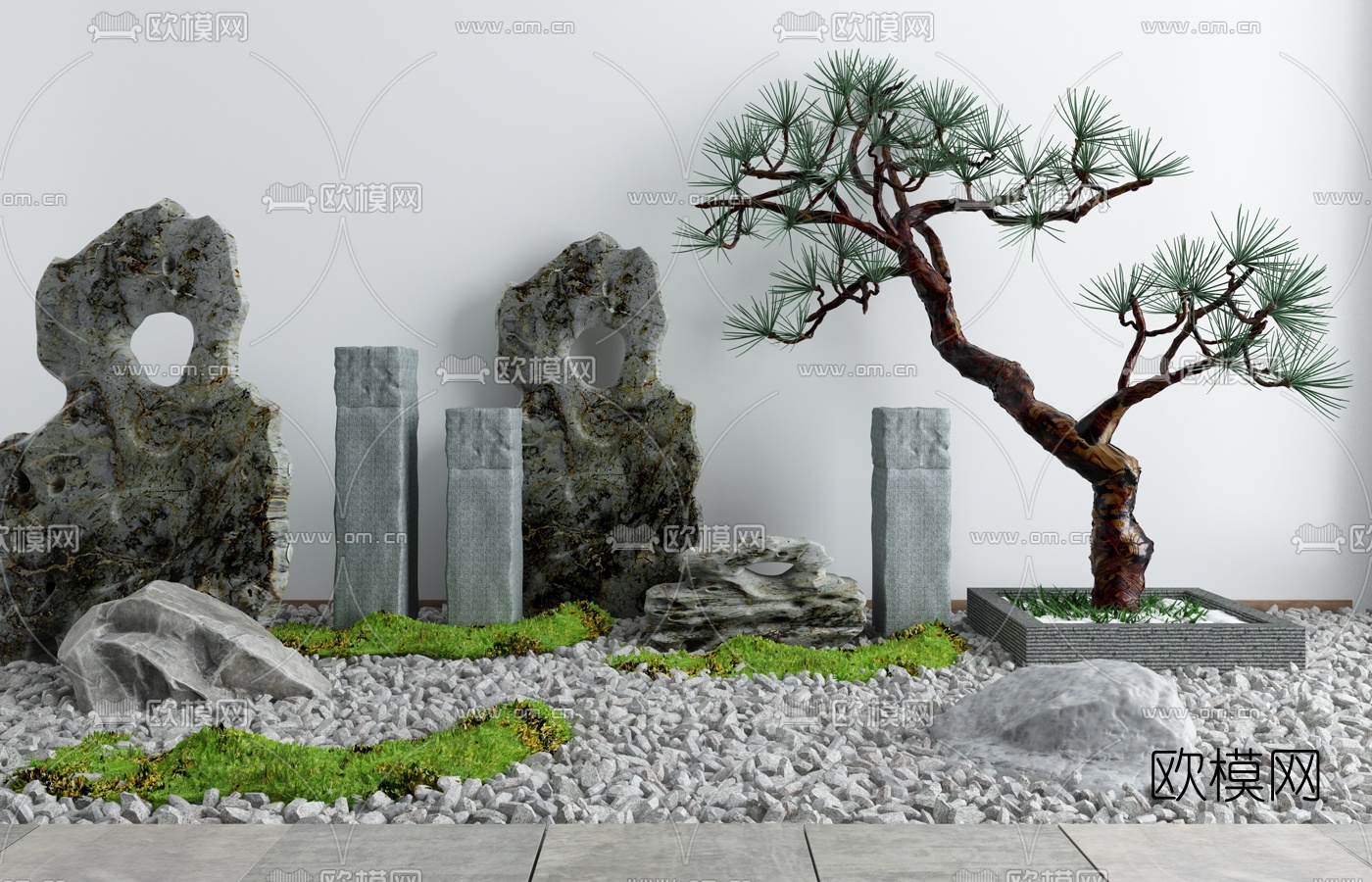 新中式假山松树石头园艺小品3d模型下载