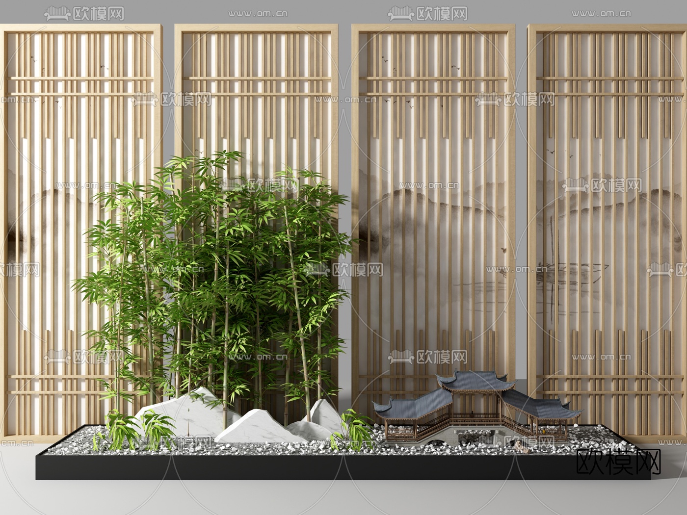 新中式假山竹子长廊园艺小品3d模型下载