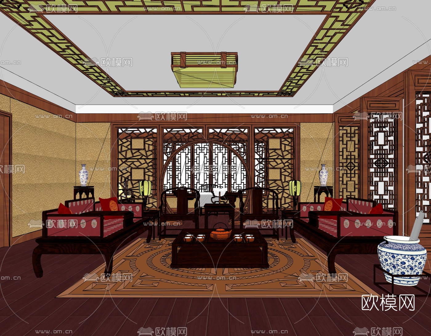 中式客厅免费su模型下载
