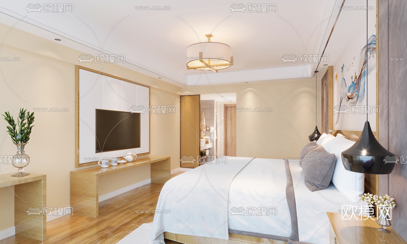 新中式酒店客房免费3d模型-免费3dmax模型库-欧模网