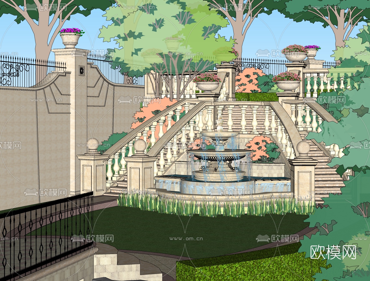 欧式庭院花园免费su模型下载（渲染图2）