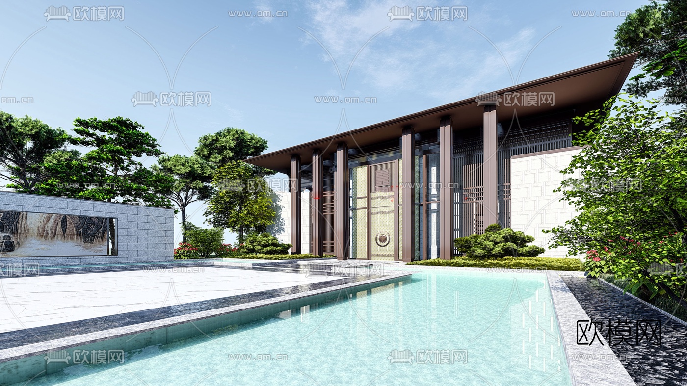 新中式售楼部建筑外观su模型下载（渲染图2）